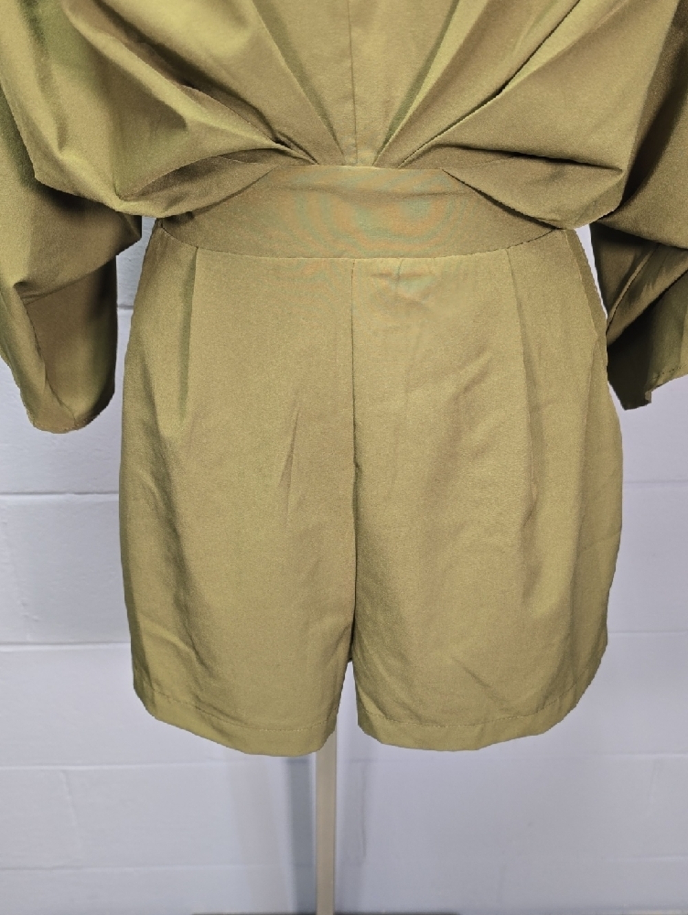 Fashion Nova Olive & Cream V-Neck Short Romper - Picture 3 of 9
